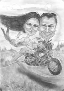 Schwarzweiss-Karkatur eines Biker-Paares