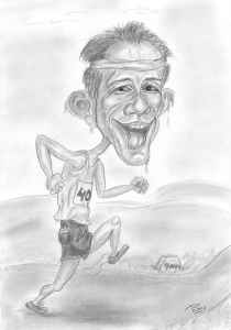 Marathon oder doch Triathlon - Karikatur eines Laufsportlers in schwarz-weiss