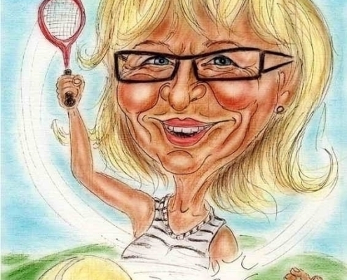 Tennisspielerin in Aktion - Karikatur als Geschenk zur Pensionierung