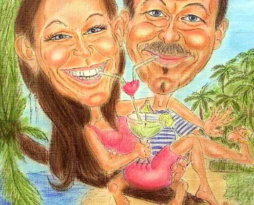 Paar auf Südseeinsel-Urlaub - Karikatur in Farbe