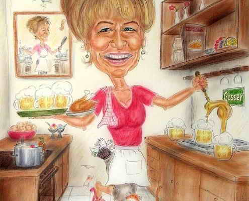 Frau Wirtin in der Küche beim Bier zapfen - Karikatur in Farbe