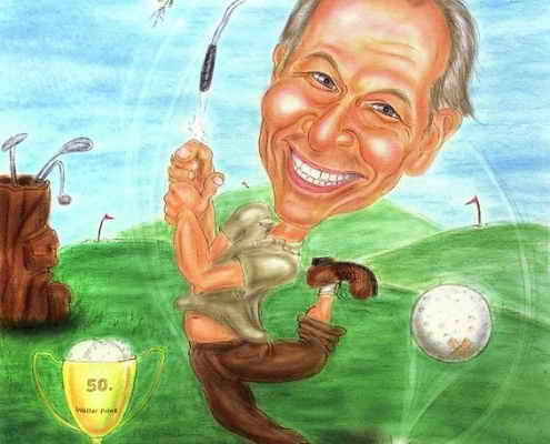 Farbkarikatur eines fröhlichen Golfspielers, Geburtstagsgeschenk