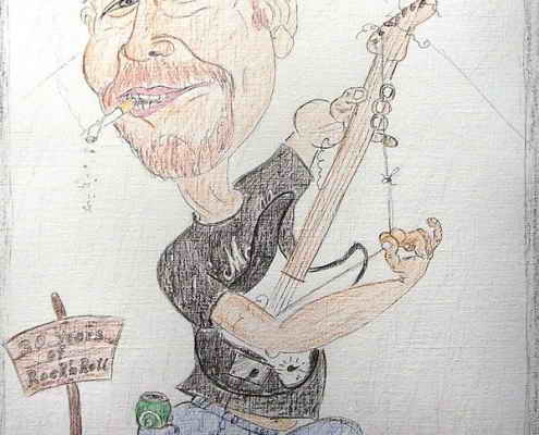 Karikatur eines Gitarrenspielers in Farbe - Vorstufe der Zeichnung