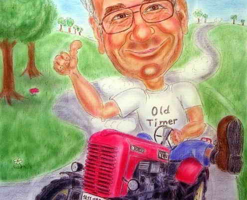 Karikatur eines Traktorfahrers in voller Fahrt