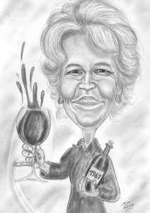 Karikatur einer fröhlichen Dame mit Weinglas und Rotweinflasche