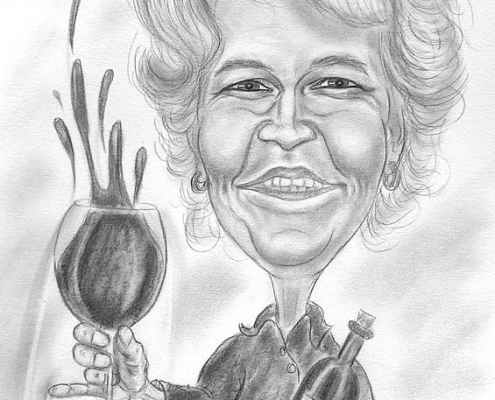 Karikatur einer fröhlichen Dame mit Weinglas und Rotweinflasche