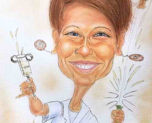 Karikatur in Farbe - Krankenschwester gönnt sich zum dreissigsten Geburtstag ein Glas Sekt