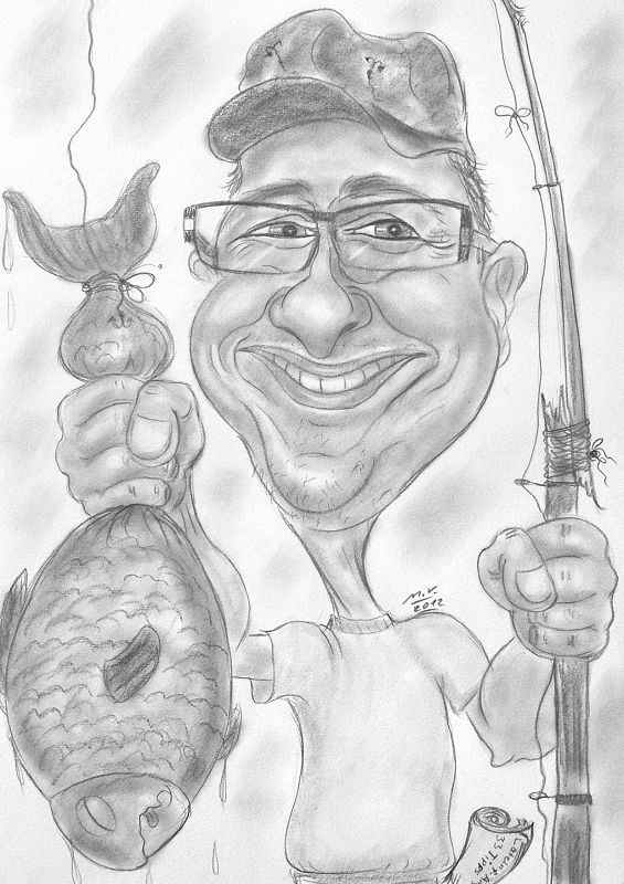 Bleistiftzeichnung - Karikatur eines Anglers in schwarz-weiss