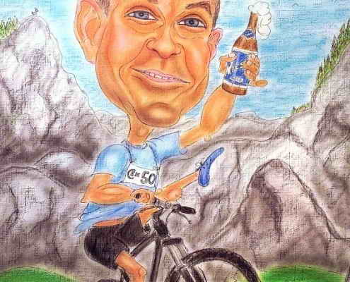 Radfahrer mit Bierflasche - Karikatur