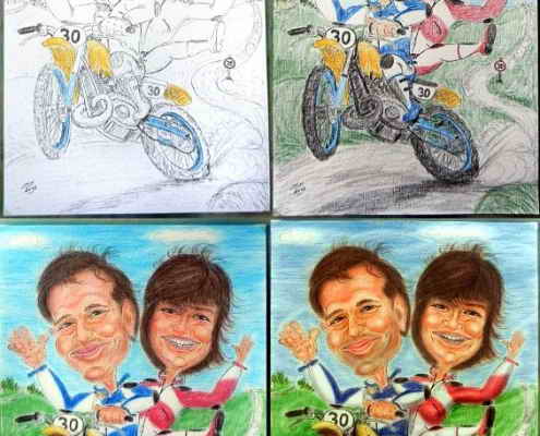 Entstehungsbilder der Farbkarikatur - Paar auf Motocross-Bike
