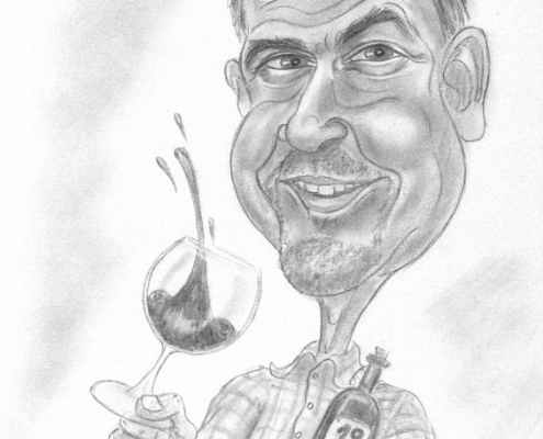 Geschenkidee - Karikatur eines Geniessers mit Weinglas und Flasche mit Jahrgang zum Geburtstag
