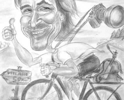 Fotograf auf Fahrrad - Blestift-Karikatur