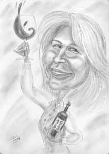Frau mit Glas und Jahrgangs-Rotwein - Karikatur zum fünfzigsten Geburtstag