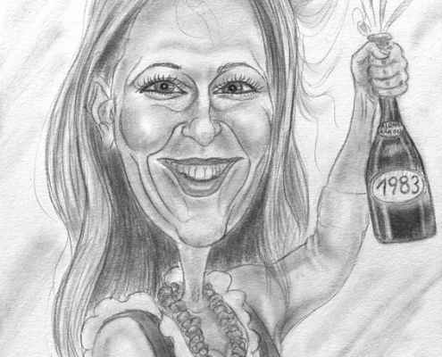 Sekt zum Geburtstag - Karikatur einer jungen Frau mit Sektglas und Flasche mit Jahrgang