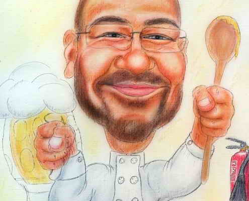 Karikatur eines Kochs mit Bierglas in der Hand