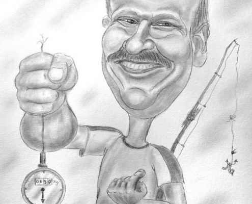 Bleistiftkarikatur eines erfolgreichen Anglers als Geschenk zum 50. Geburtstag