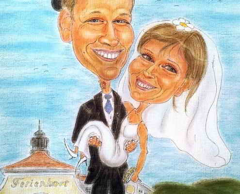 Auf Händen getragen wird die Braut von Ihrem Gatten - Karikatur in Farbe