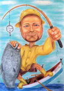 Karikatur - Fischer im Boot stehend mit wirklich dickem Fisch an der Angel