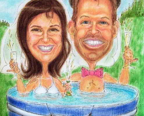 Brautpaar im Swimming-Pool - Karikatur in Farbe
