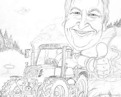 Vorzeichnung - Traktorfahrer im Kornfeld - Karikatur in Farbe