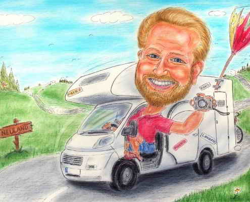 Mit dem Camping-Mobil auf Tour - Karikatur in Farbe