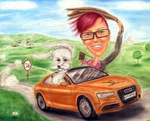 Junge Frau mit weissem Hund im Audi auf Überlandfahrt - Karikatur in Farbe