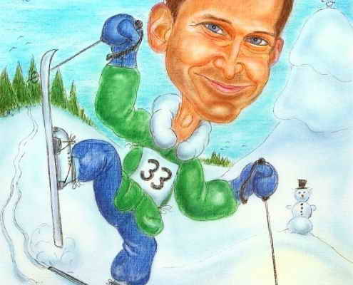 Schifahrer Sportkarikaturen, Skifahrer mit grüner Jacke