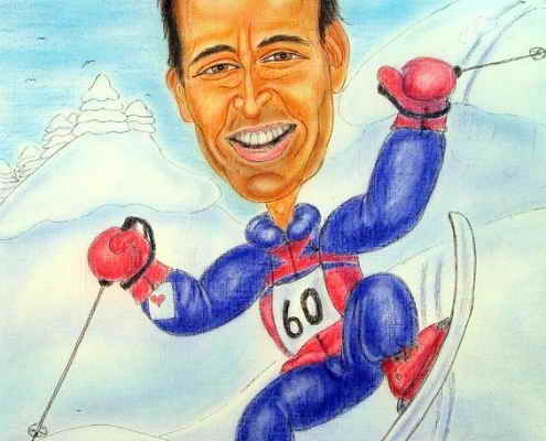Karikatur eines Schifahrers, Skifahren im Pulver-Schnee