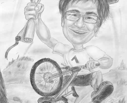 Mountainbiker-Karikatur in Bleistiftausführung