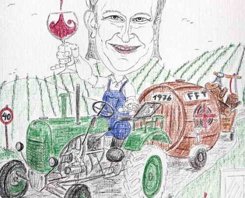 Vorstufe der Zeichnung - Winzer auf seinem geliebten Traktor - Farbkarikatur