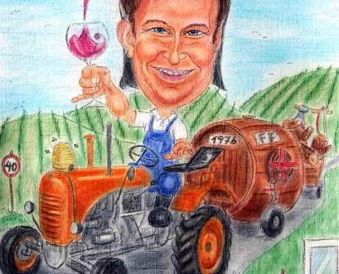 Winzer auf seinem geliebten Traktor - Farbkarikatur