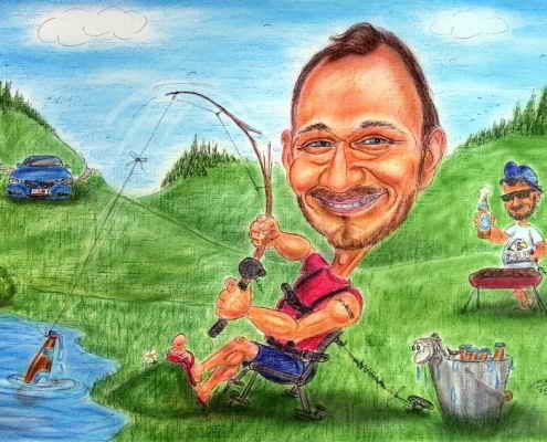 Am Teich zu angeln und dabei ein kühles Bier zu fangen, das ist doch schön - Farb-Karikatur eines Anglers