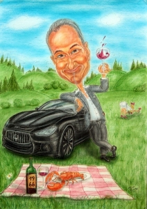 Farbkarikatur - Zum Picknick mit dem Maserati