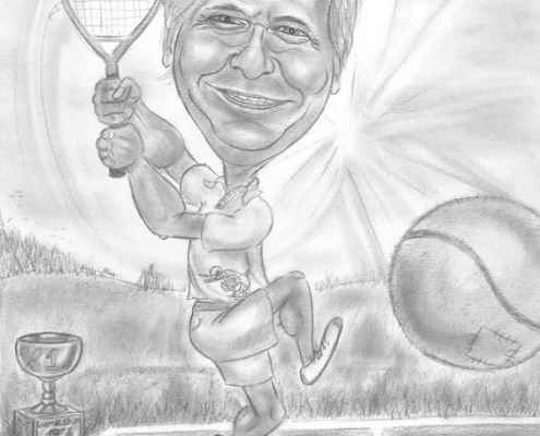 Tennisspieler beim Abschlag - Karikatur mit Bleistift gezeichnet