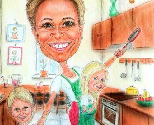 Frau Wirtin in der Küche mit den Enkerln - Karikatur in Farbe