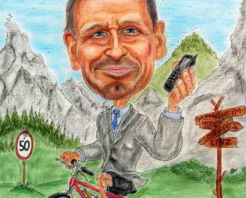 Radfahrer im Anzug mit Handy in der Hand - Karikatur in Farbe