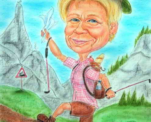 Frau beim Wandern in den Bergen - Karikatur in Farbe