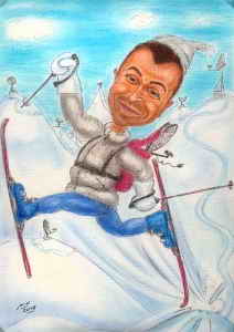 Schifahrer-Karikatur fertiges Bild in Farbe, Skifahren
