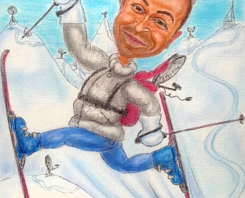 Schifahrer-Karikatur fertiges Bild in Farbe, Skifahren
