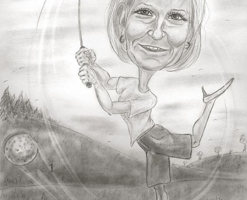 Golferin, Frau in halblanger Hose beim Abschlag auf dem Golplatz - Bleistiftkarikatur