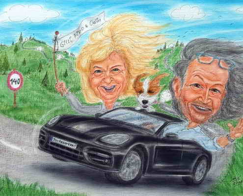 Paar im schwarzen Porsche - Karikatur in Farbe