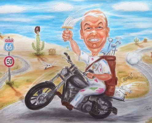 Farbkarikatur eines Malers auf seinem Motorrad