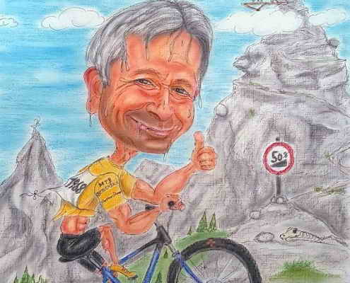 Radfahrer fährt den Berg hinauf - Karikatur in Farbe