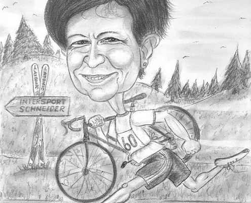 Lustige Bleistift-Karikatur zum Thema Sport - Laufen, Radfahren