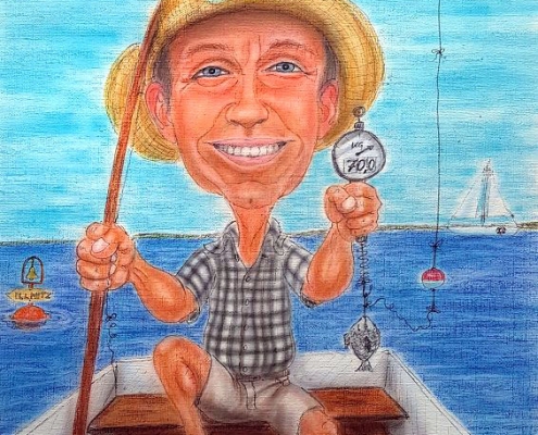 Bild eines Anglers an seinem siebzigsten Geburtstag - Karikatur in Farbe
