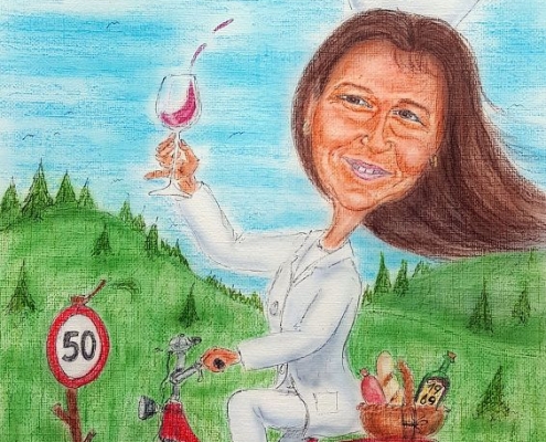 Krankenschwester auf Fahrrad mit Weinglas - Geschenk zum Fünfziger in Form einer Farbkarikatur