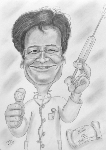 Fröhlicher Doktor in einer Bleistiftzeichnung dargestellt