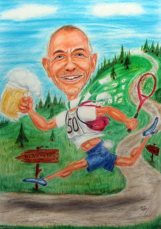 Farbkarikatur eines Hobbyläufers mit Bierkrug und Tennisschläger