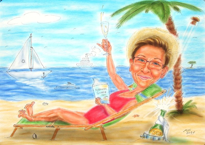 Pensionistin geniesst Urlaub am Sandstrand mit einem guten Buch und einem Glas Sekt - Karikatur als Geschenk zur Pension