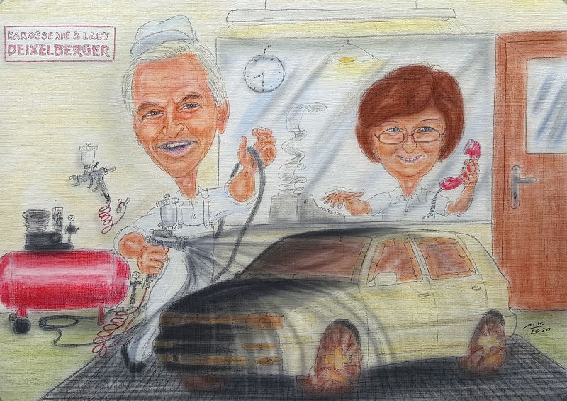 Autolackierer bei der Arbeit, Karikatur für ein Unternehmer-Ehepaar zur Pensionierung